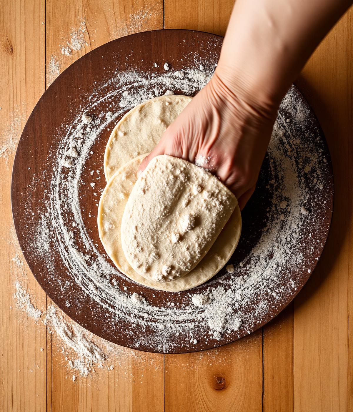 Hands pressing artisan flour tortillas