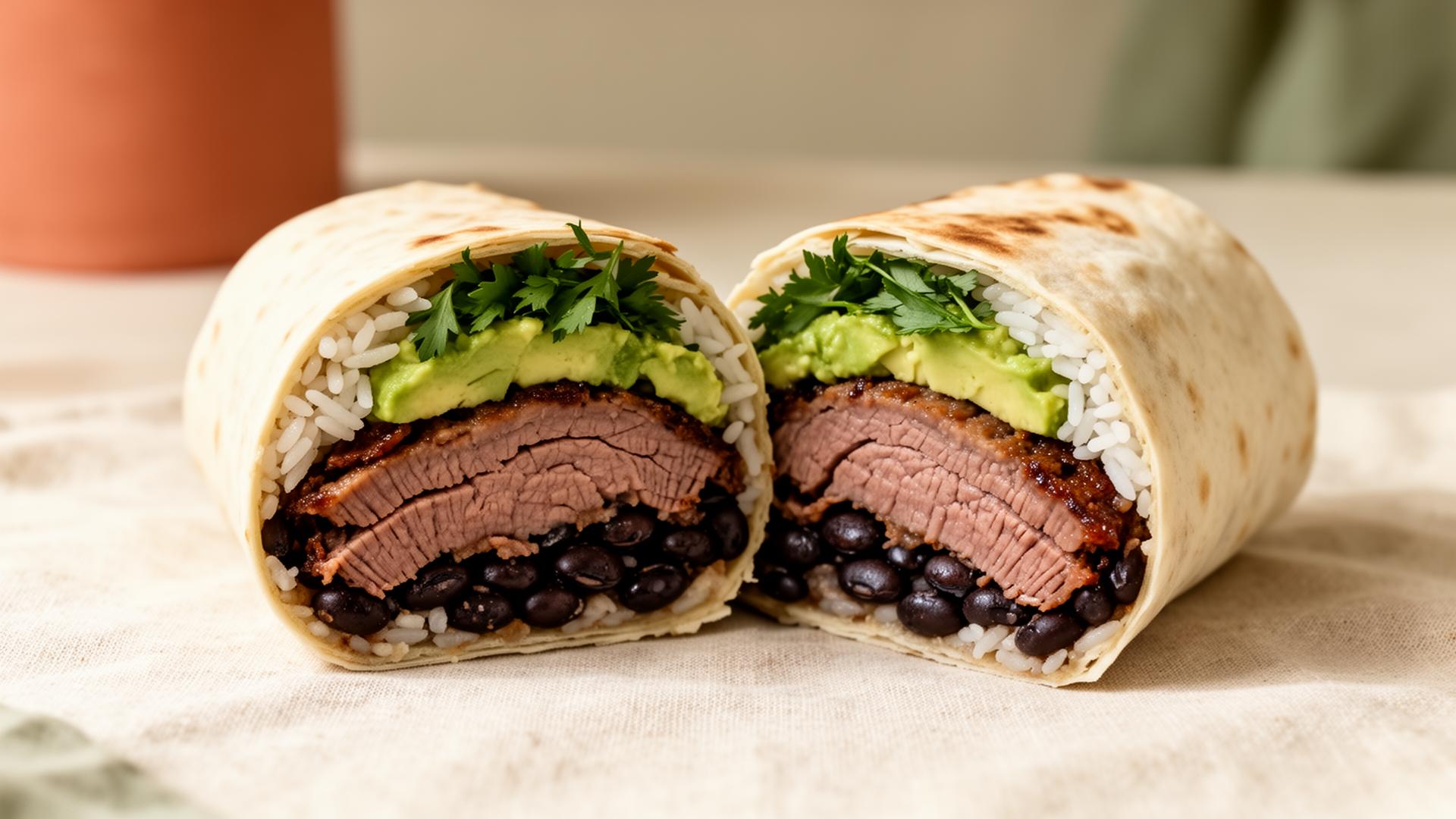 A craft burrito sliced in half, revealing layers of brisket, rice, beans, and avocado